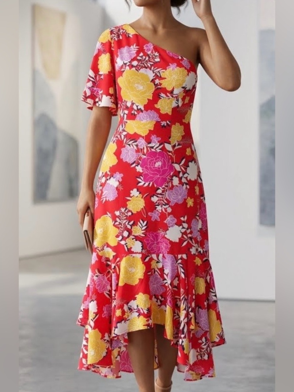 NWT Emily Wonder 1-Shoulder Ruffled Red Floral Midi Dress Sz L Summer Party